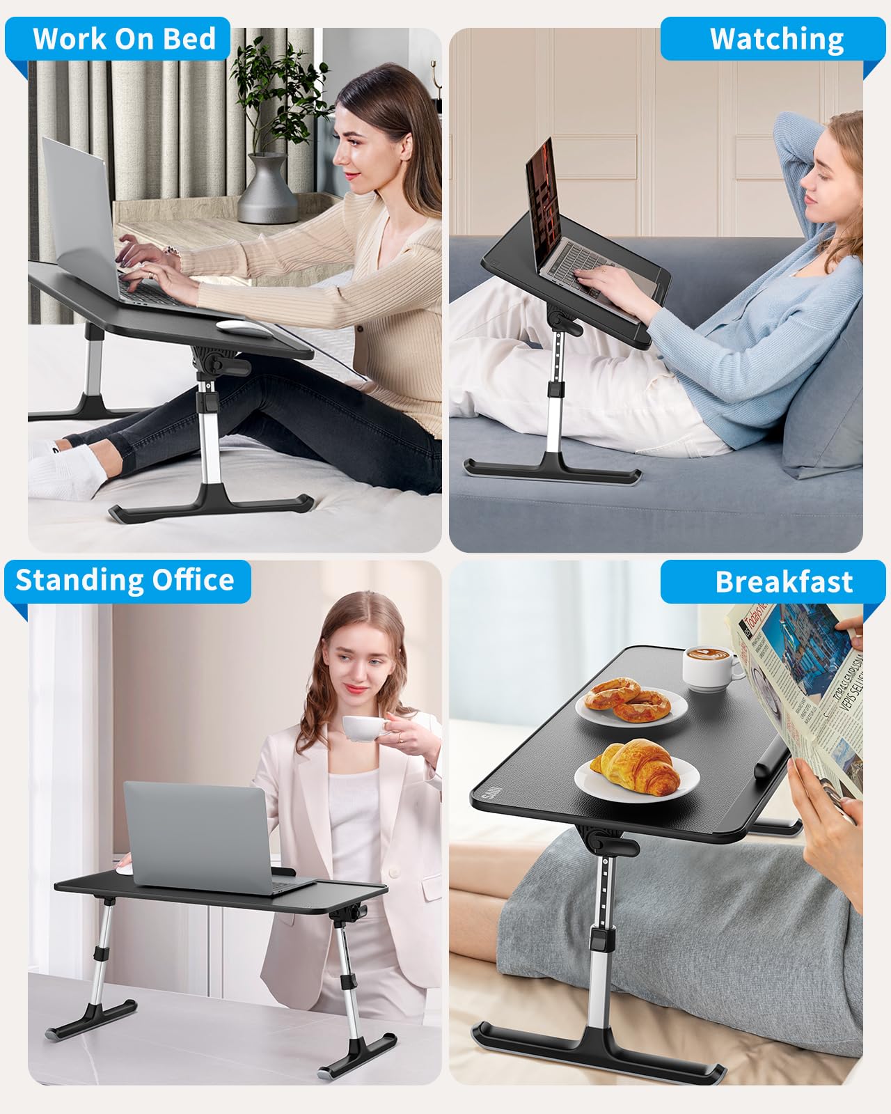 "SAIJI Laptop Table for Bed, Adjustable Height, Angle, Folding Legs, Sled Feet, PVC Leather Tabletop, Compatible with Laptops up to 17 Inches (Black, 52*30cm)"
