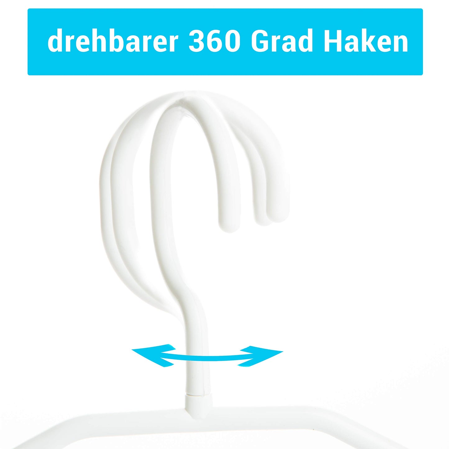 50 white plastic hangers with swivel hooks, approximately 41 cm long, a sustainable solution for organizing your closet, Made in EU, environmentally friendly with 100% recycled material.