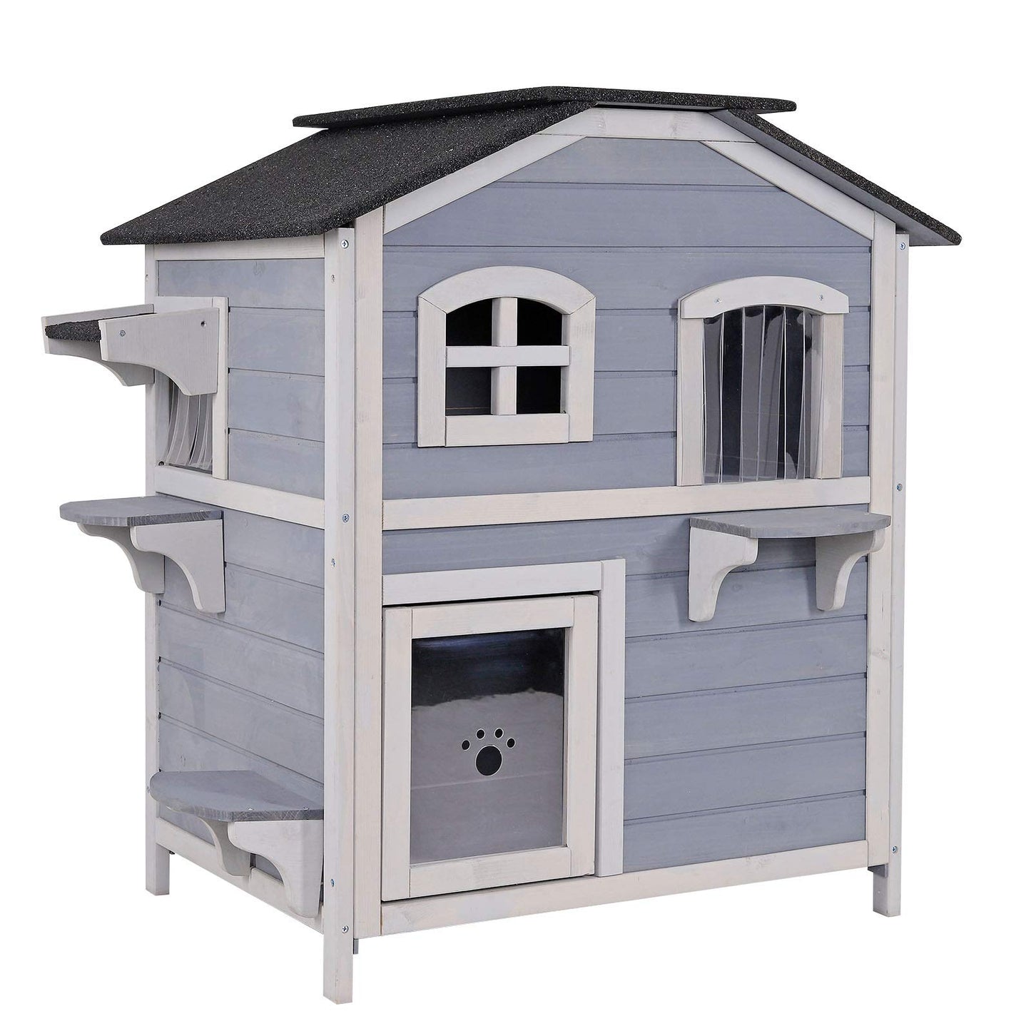Lionto cat villa made of fir wood with bitumen roof for indoor and outdoor use, two-story cat house with steps, 80x55x90 cm, slatted curtain and windows, suitable for large cats, gray/white.