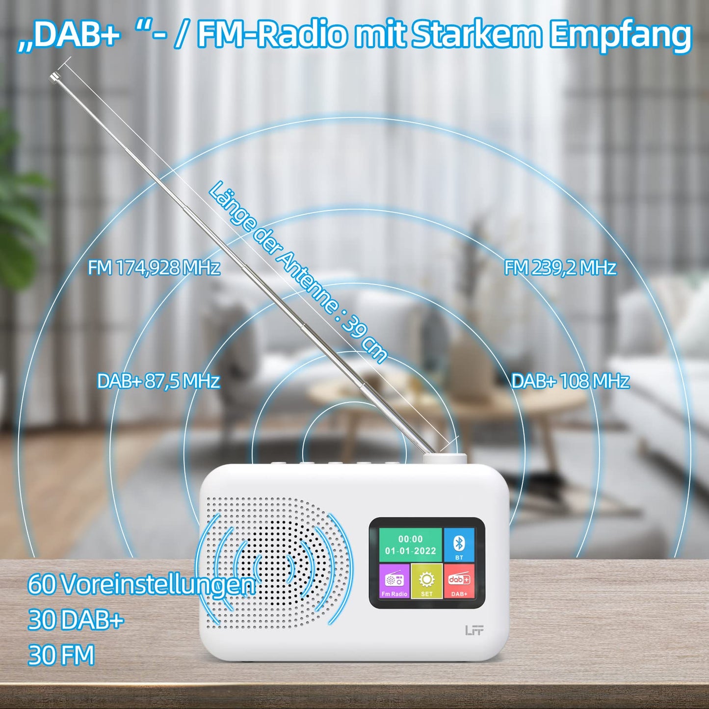 LFF DAB radio, DAB Plus radio, FM digital radio, kitchen radio with cable or battery operation, color display radio with Bluetooth.
