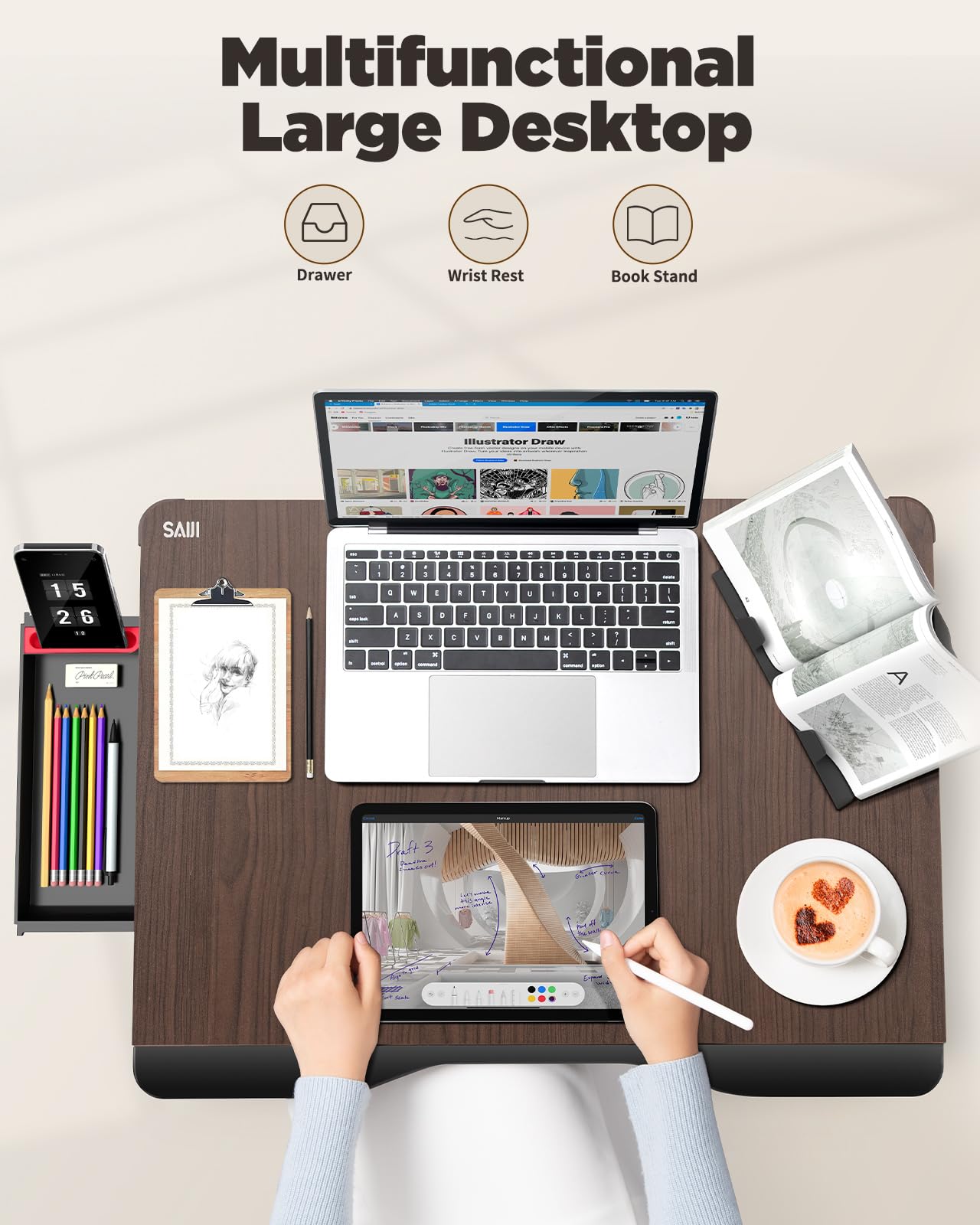 Laptop table for bed, SAIJI XXL folding bed table, for studying, eating, working, sofa, bed, with drawer, hand rest book stand, tablet phone stand (Black)