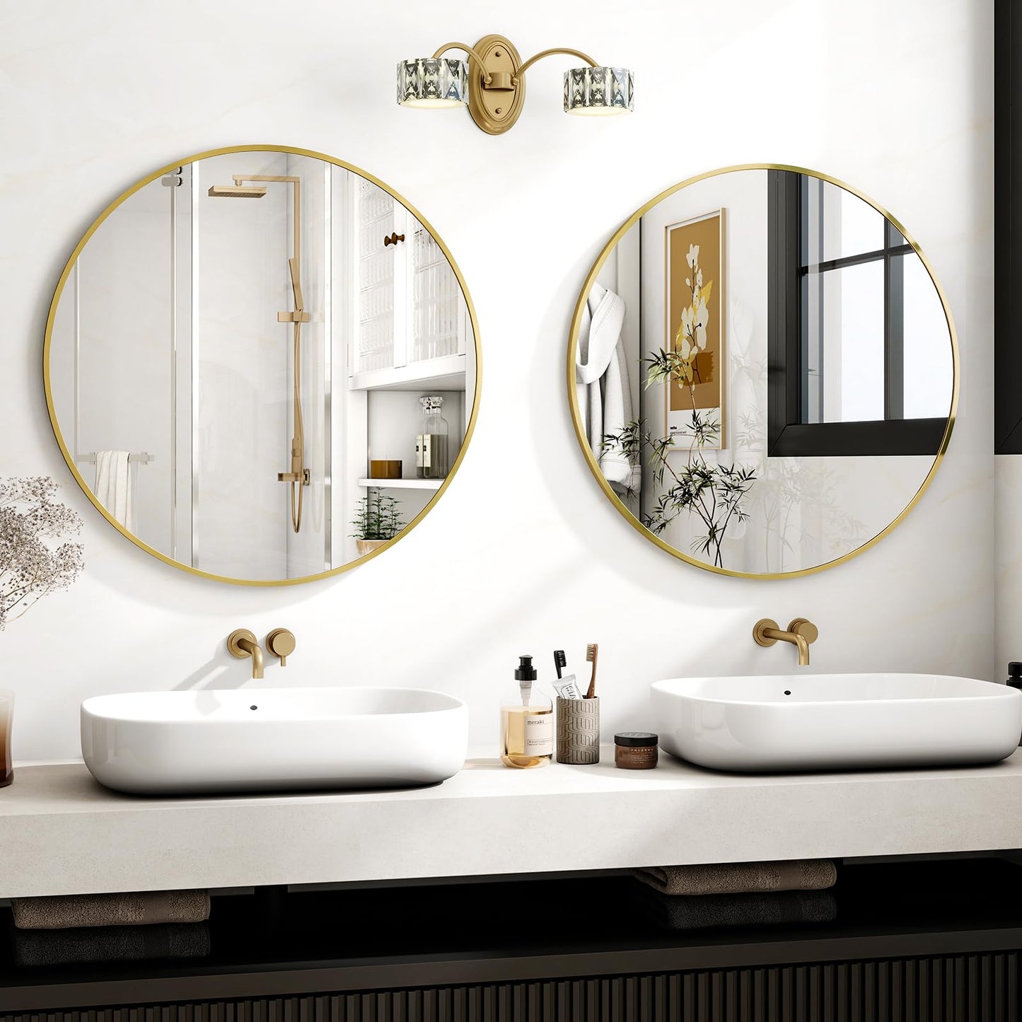 Koonmi 80cm Gold Round Mirror with Aluminum Alloy Frame for Bathroom, Vanity, Living Room, Bedroom, Entryway Wall Decor