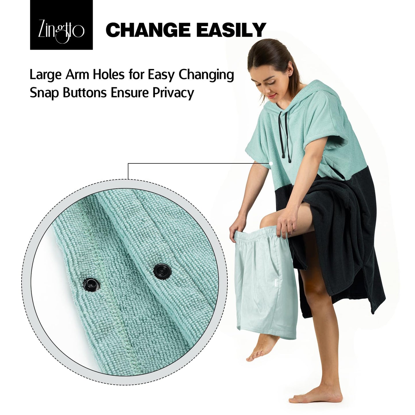 Zingtto Surf Poncho, extra large, thick towel poncho for men and women with hooded pocket for swimming at the beach, 41''x33'', black/green.