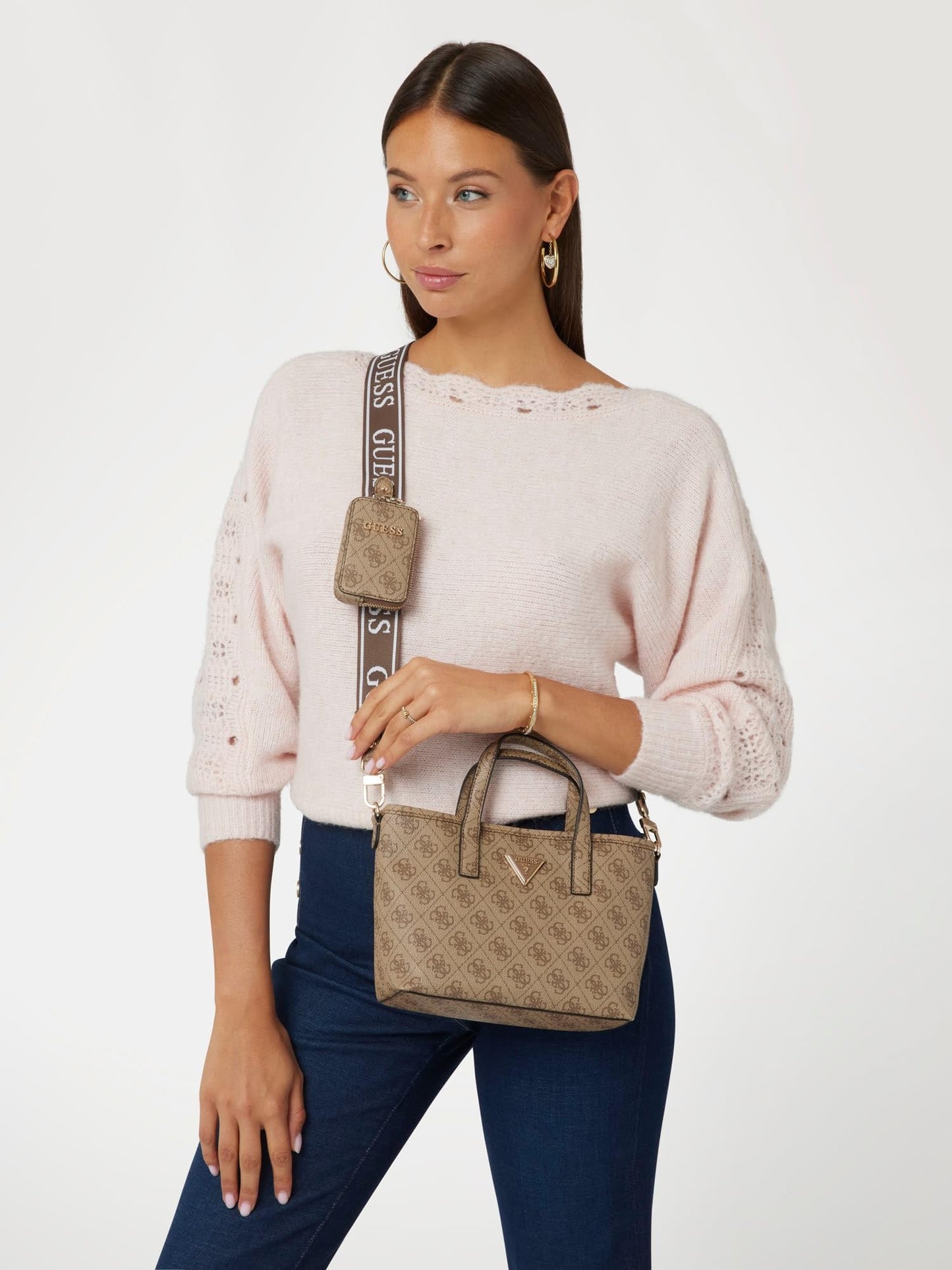 GUESS Women's Latona Tote Mini Handbag, Shoulder Bag, Latte Logo