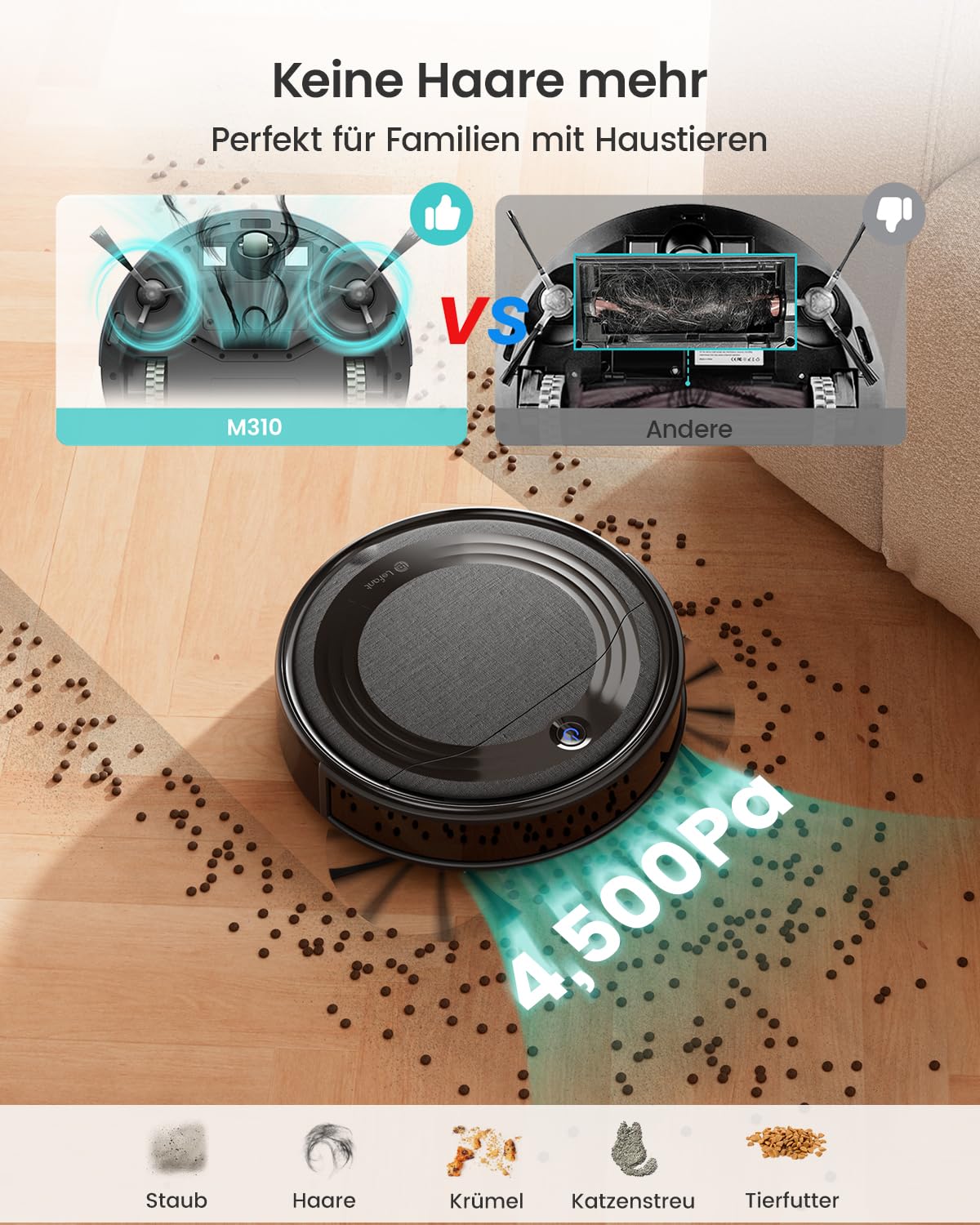 LEFANT Robot Vacuum M310, 4500Pa Super Slim Vacuum Cleaner Robot with precise obstacle avoidance, 180min runtime, HEPA filter, Wi-Fi Robot Vacuum for pet hair, carpets & hard floors