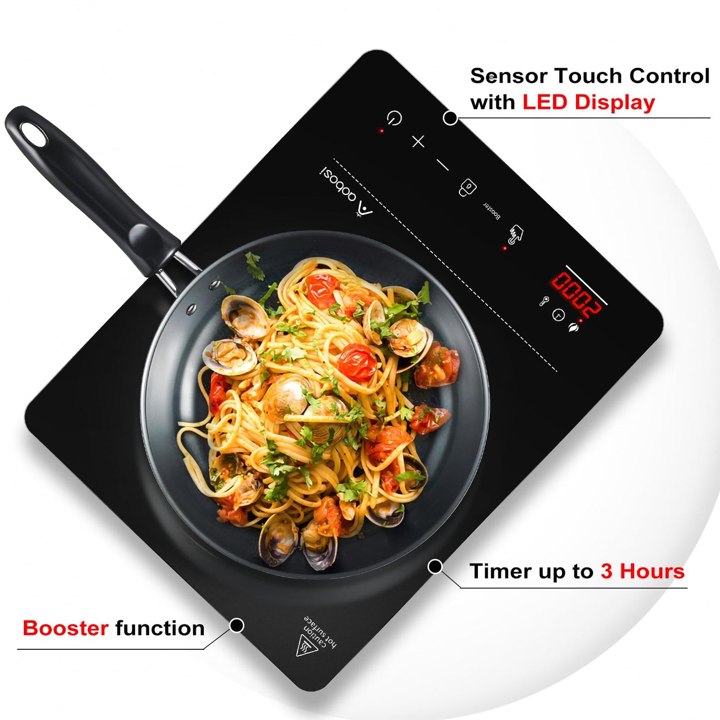Aobosi Induction Cooktop, Induction Hob 1 Plate, 20 Power Levels and 20 Temperature Levels, 2000W Portable Induction Cooktop, LED Display, 10H Timer, Booster Function, Silver