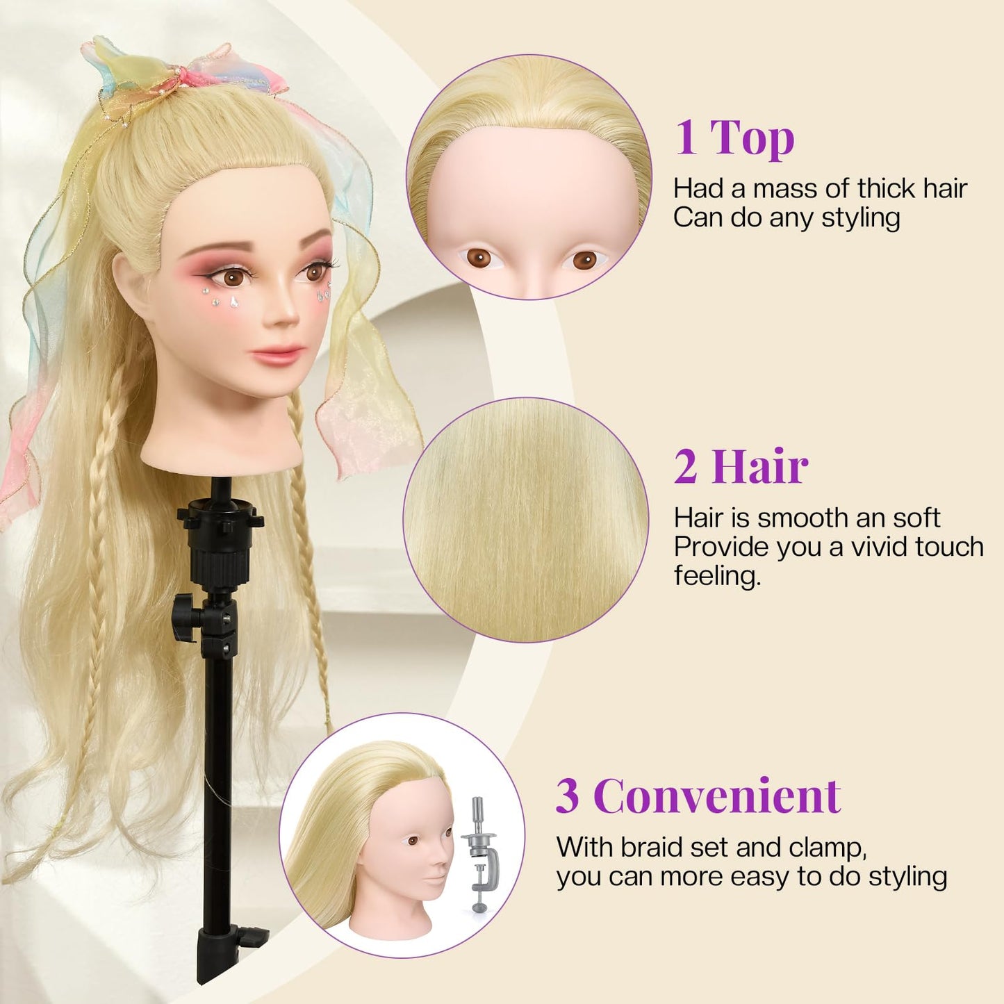24 inch hairdressing head with 50% real hair. Ideal for practicing hair styling techniques, perfect for hairdressing students. Comes with stand and DIY hair set. Great for training hairstylists.