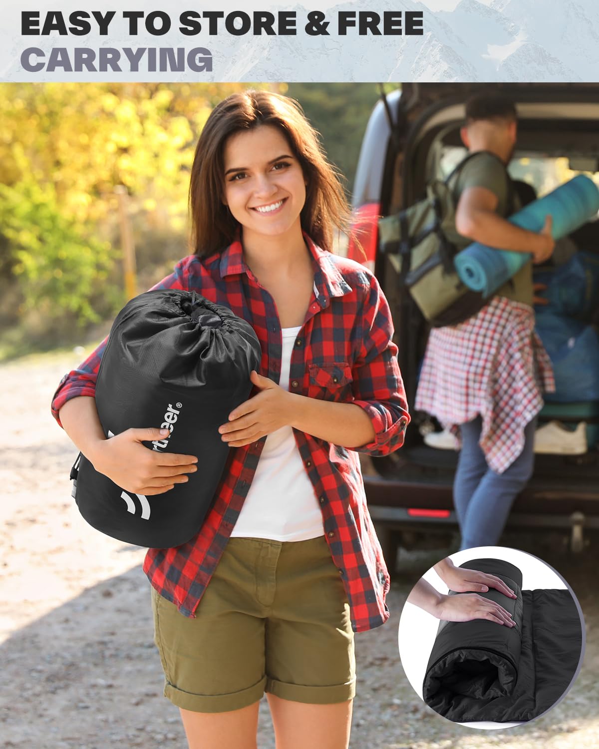 Outdoor mummy sleeping bag: Sportneer 3-4 seasons lightweight water-resistant sleeping bag 5°C - 15°C for travel festival camping indoor compact & ultralight, black+grey.