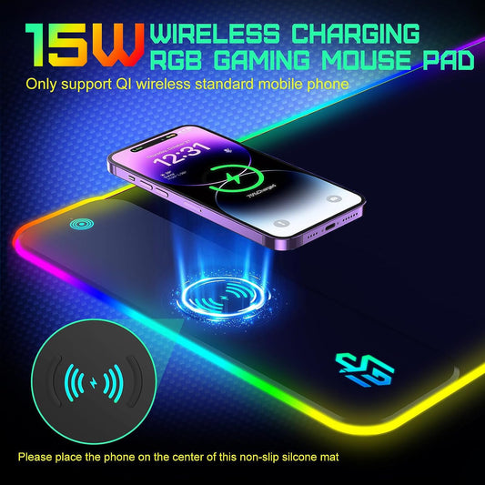 RGB Gaming Mousepad with 15W Qi Mousepad LED, 10 lighting modes and 15W fast charging Qi wireless charging for iPhone, headphones, waterproof, non-slip for gaming, desks, PC, and office.