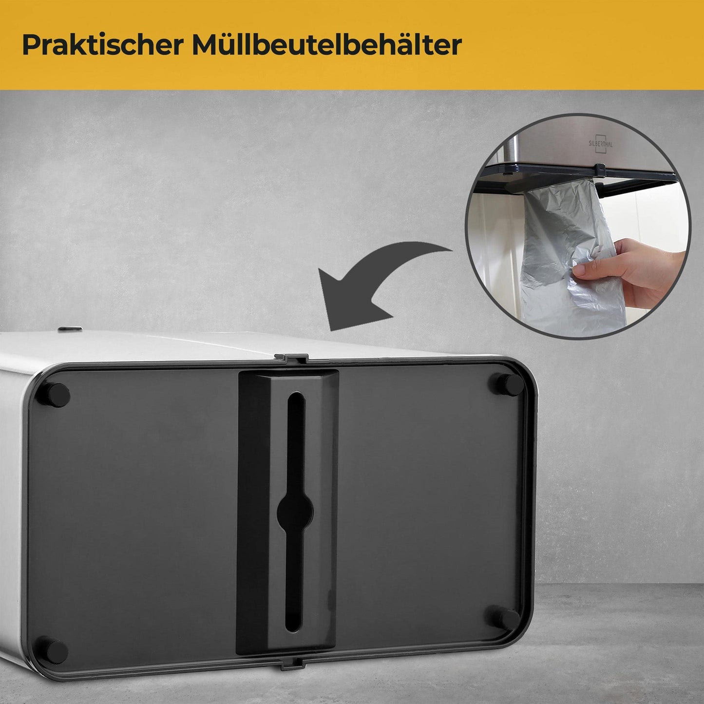 SILBERTHAL 3L stainless steel kitchen compost bin with lid and activated carbon filter. Dishwasher-safe inner container for odor-free composting in the kitchen.