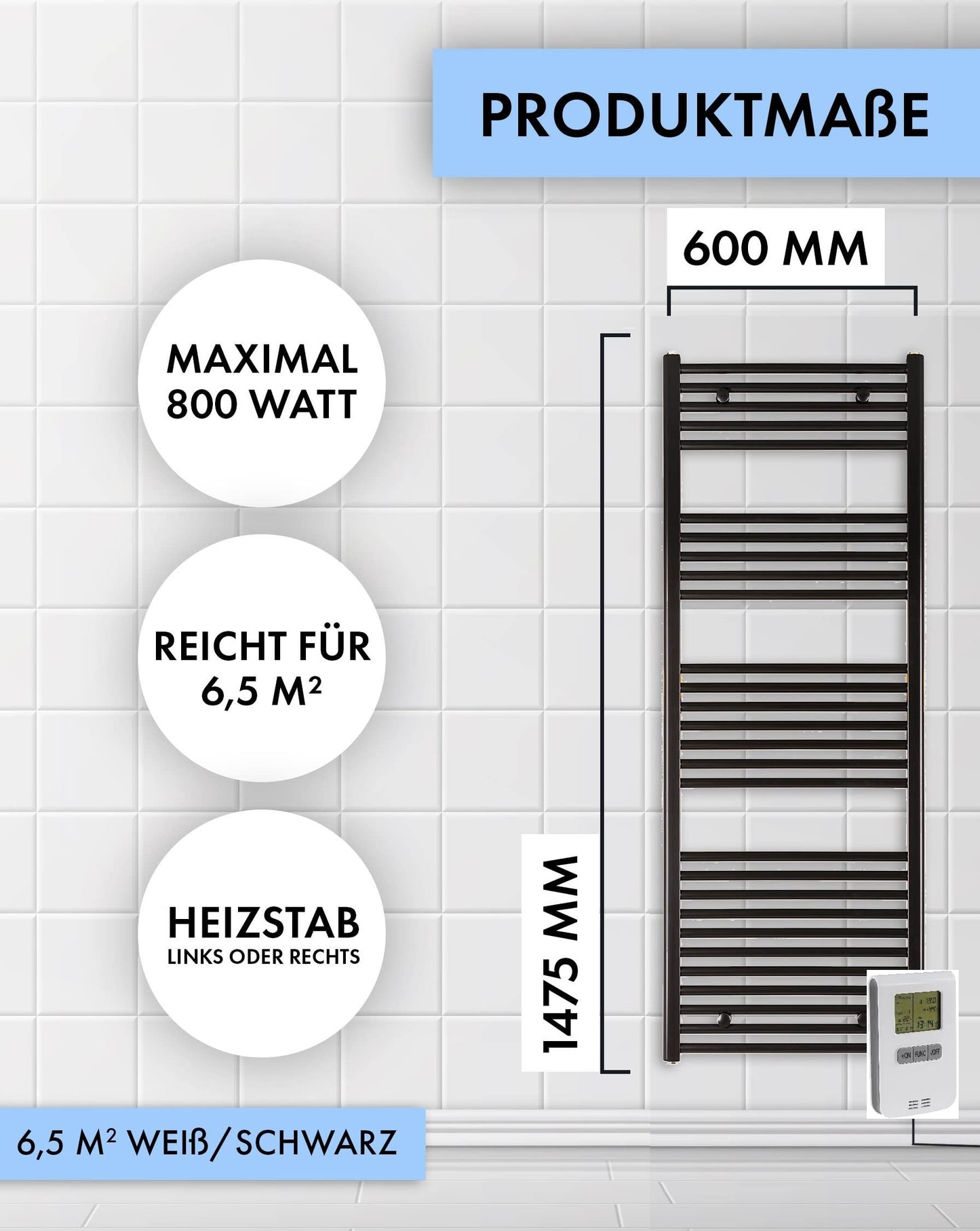 anapont electric towel heater 1475x600 - white straight - timer function - towel radiator - electric bathroom heater - towel warmer - Made in Germany