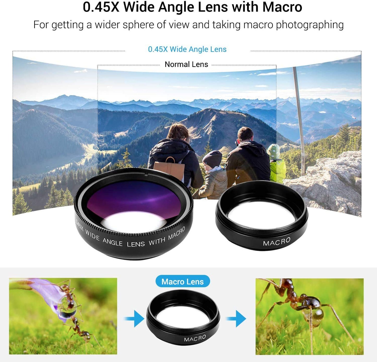 Andoer HD video camera, 4K video camera, Full HD, CMOS sensor, 18x digital zoom camera, 3.0 inch LCD, with 0.45x wide-angle lens and microphone.