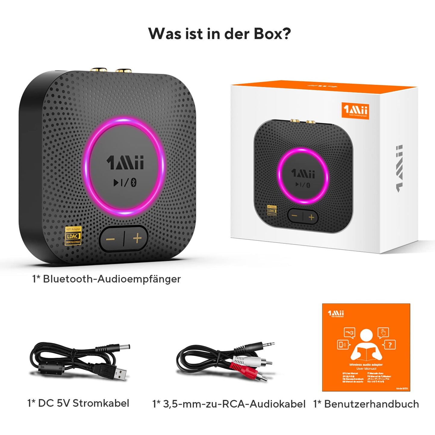 1Mii B06S+ Bluetooth 5.2 receiver, HiFi audio adapter with LDAC, volume control, aptX HD & Low Latency wireless receiver for stereo system speakers, with 3.5mm/RCA outputs