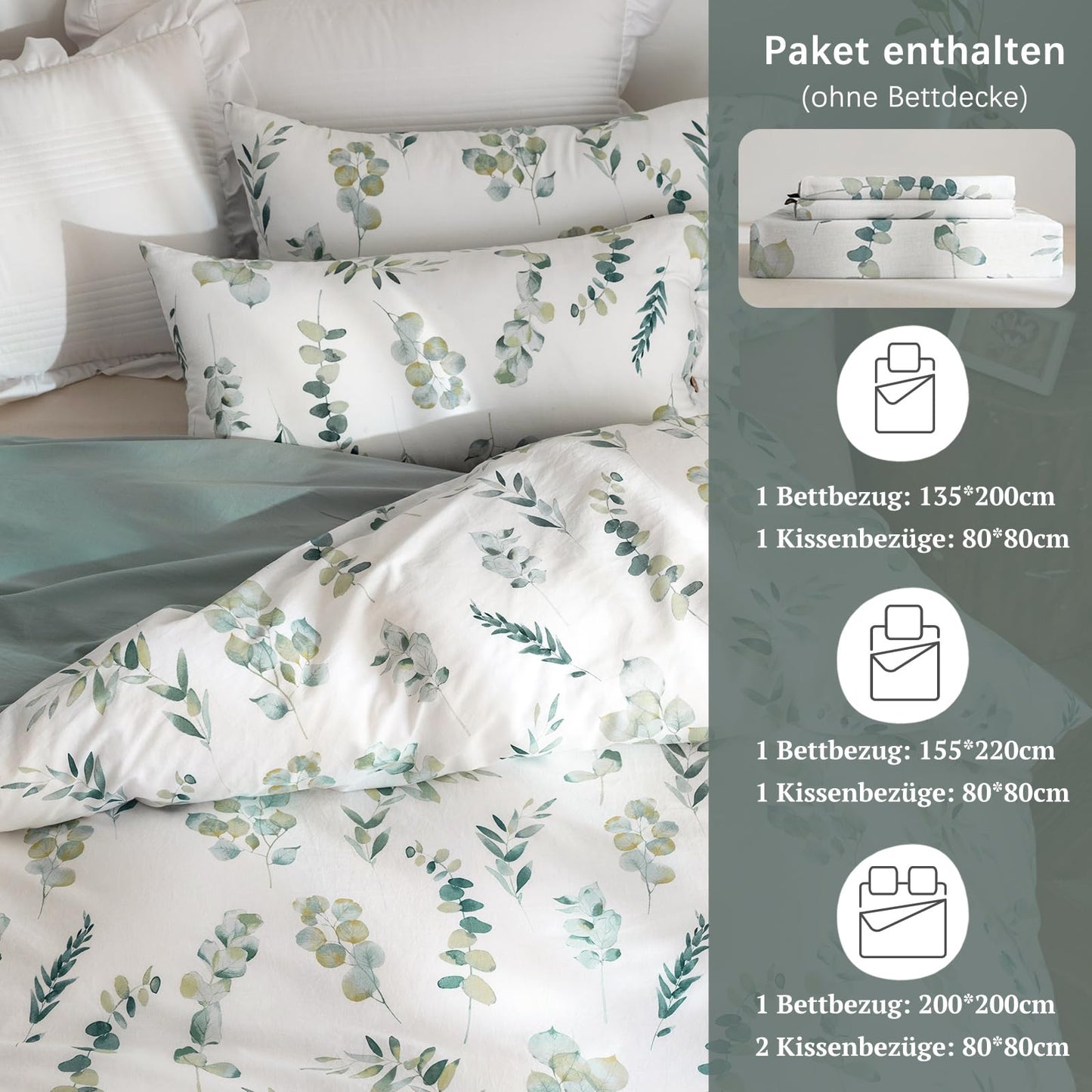 MILDLY bedding 200x200 cotton, bedding sets with plant pattern, zipper, ÖkoTex certified, includes 1 duvet cover 200x200 and 2 pillowcases 80x80, green (Katharina)
