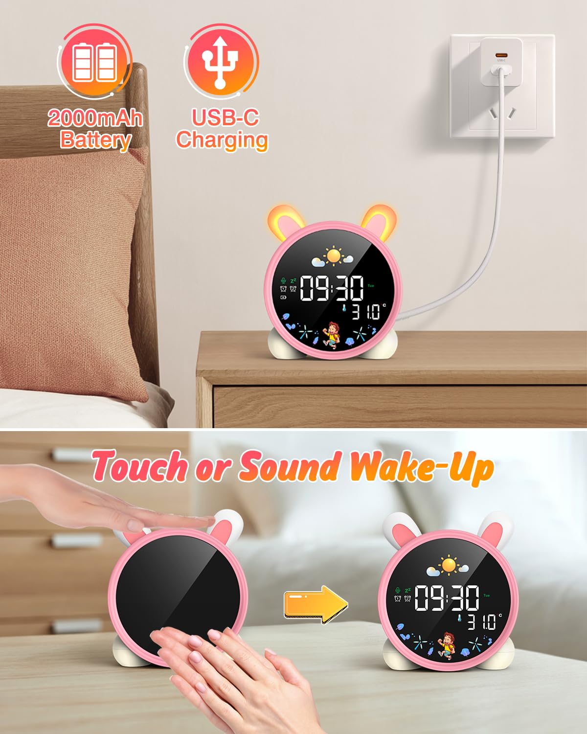Lemnoi alarm clock for kids, kids sleep trainer for boys and girls, battery powered kids alarm clock light with night light, countdown, snooze function, 3 brightness levels, and colorful light.