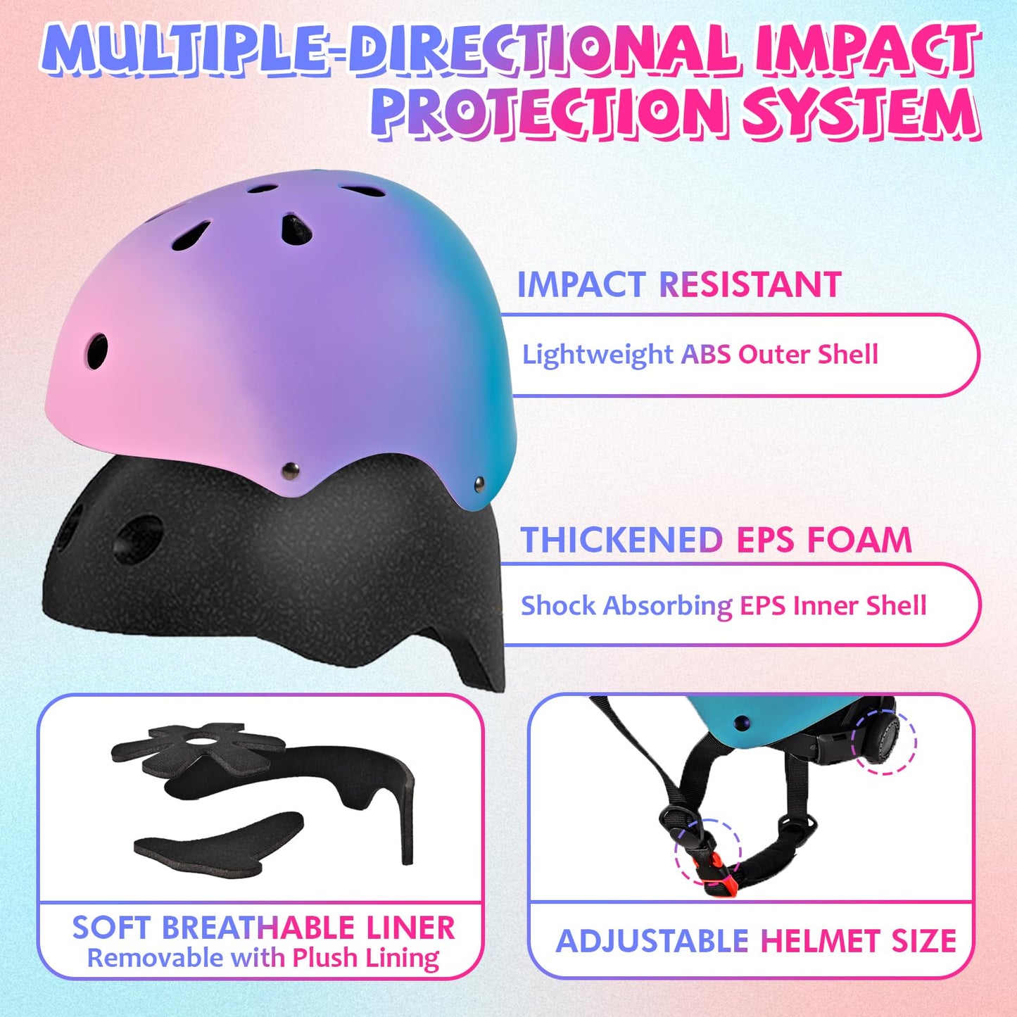 LOKJIJI Adjustable Kids Bike Helmet Skater Helmet for Girls Boys Children Youth, Color Gradient Kids Protective Helmets for Multi-Sports Bicycle Skateboarding Skating, Purple, S