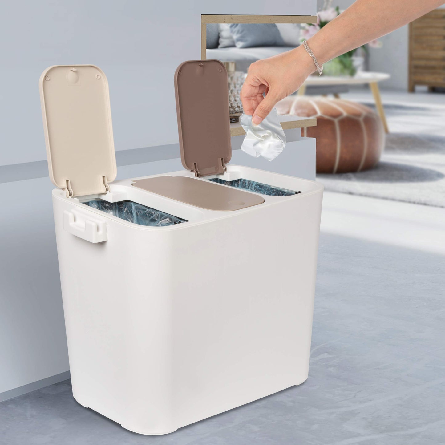 ONVAYA® waste separation system Ben | Waste separation with multiple compartments | Trash can in cream-white | Waste bin for kitchen & bathroom (27 liters, cream-beige-brown)