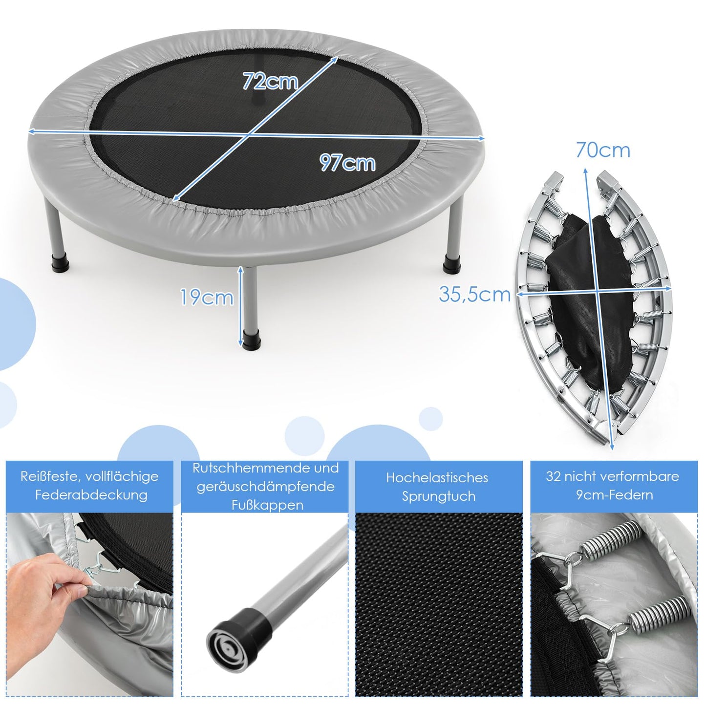 COSTWAY 97cm Mini Trampoline, foldable fitness trampoline for kids and adults up to 150kg, suitable for indoor and outdoor use. Available in grey.