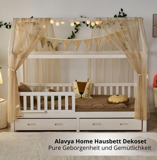 ALAVYA HOME® 3-piece house bed decoration set with 2 bed canopies and 1 flag garland 300cm long for children's bed and room. Made of 100% organic cotton, size 150 x 350 cm, without string lights, in beige.