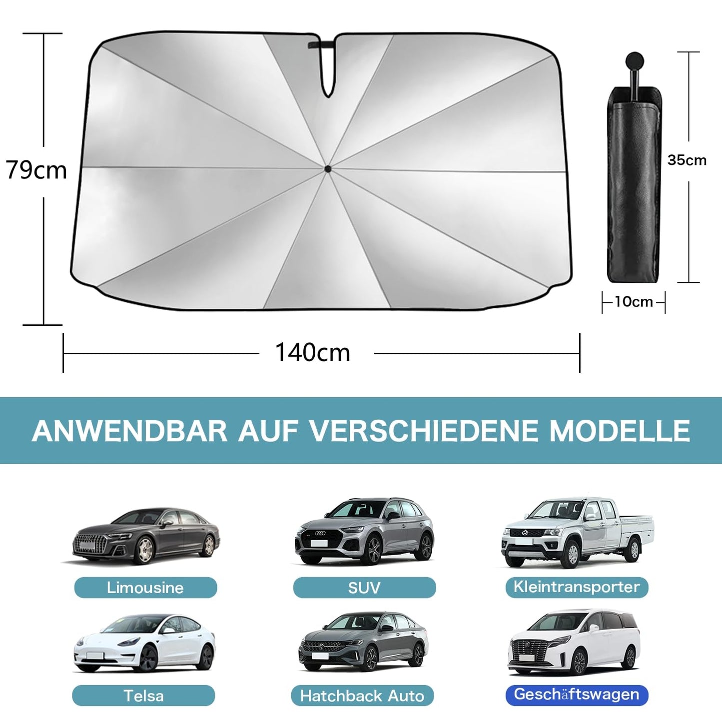 JelKen Car Sunshade Windshield, 2025 Upgrade - 360° Rotatable Handle | Carbon Fiber Skeleton | Effective UV Protection & Heat Insulation | Universal Fit for Most Vehicles, 140x79 cm