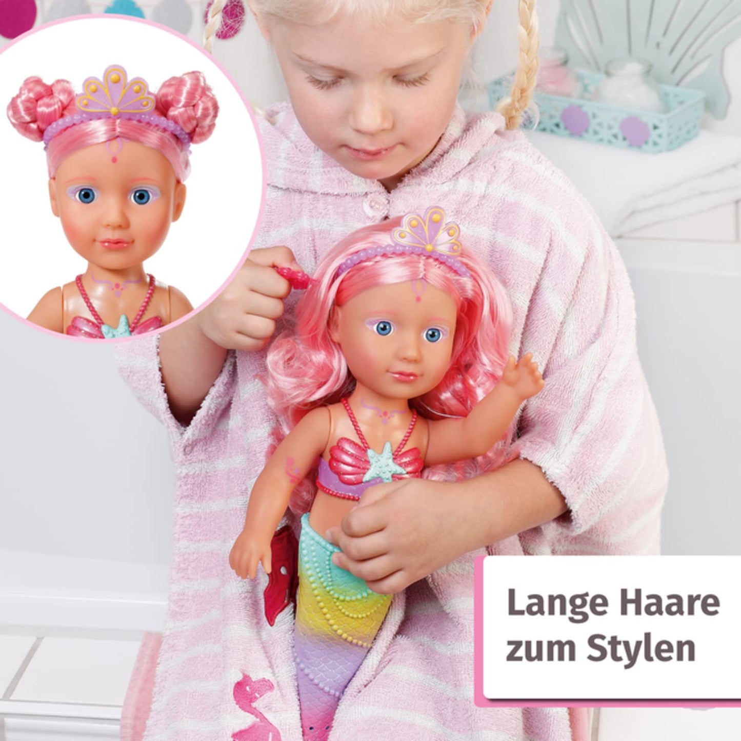 BABY born Little Sister Mermaid 46 cm, waterproof mermaid doll with long hair and movable glitter tail, includes tiara & comb, 833681 Zapf Creation