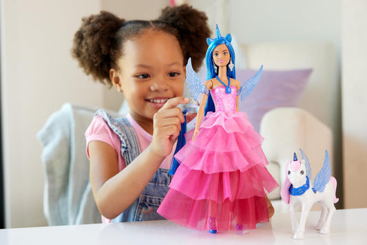 Barbie A hidden magic doll with unicorn, pink dress with sapphire blue details, unicorn headband, detachable sapphire wings, and unicorn tail, for children aged 3 and up, HRR16