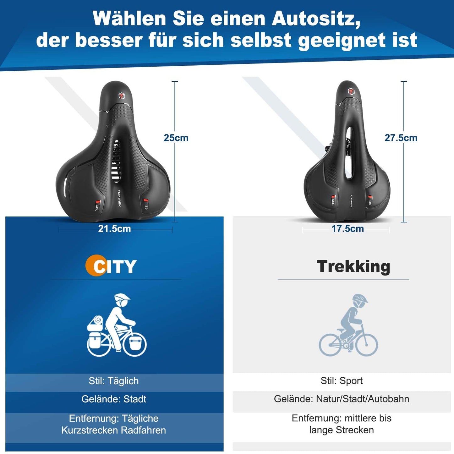 Toptrek bike saddle for men and women, comfortable and soft, ergonomic design for pain-free cycling. 2025 upgraded bike seat, breathable and shock-absorbing for e-bikes, mountain bikes, road bikes, and city bikes.