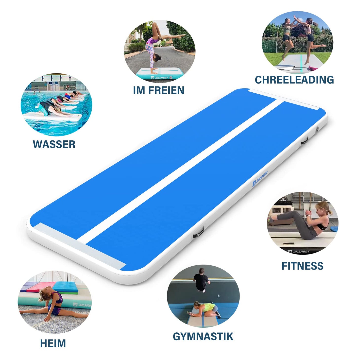 AKSPORT Air Track Tumbling Mat, 3/4/5/6m Inflatable Gymnastics Mat 10/20cm high with air pump for home/tumbling/gym/training/cheerleading double blue