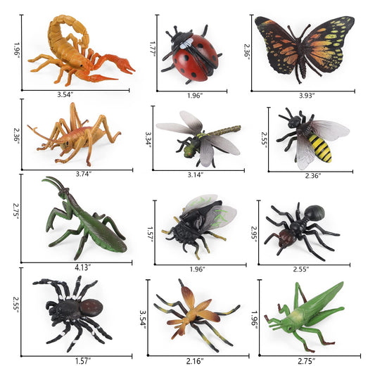 Realistic insect toy figures set of 12 pcs, featuring a ladybug, bee, butterfly, ant, cricket, praying mantis, scorpion, and spider. Great for school projects, Halloween, insect-themed parties, and party favors.