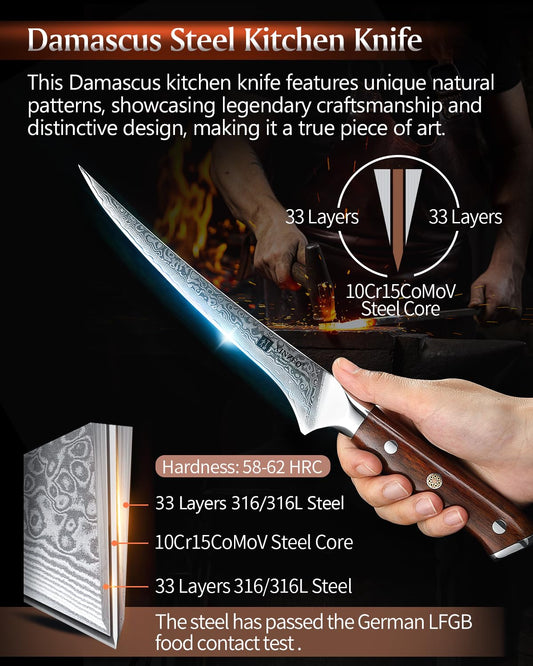 XINZUO 18cm Damascus Steel Fillet Knife, 67 Layers Damascus Fish Knife Professional Chef Knife, Damascus Fish Fillet Boning Knife for Kitchen -Ergonomic Rosewood Handle -with Gift Box