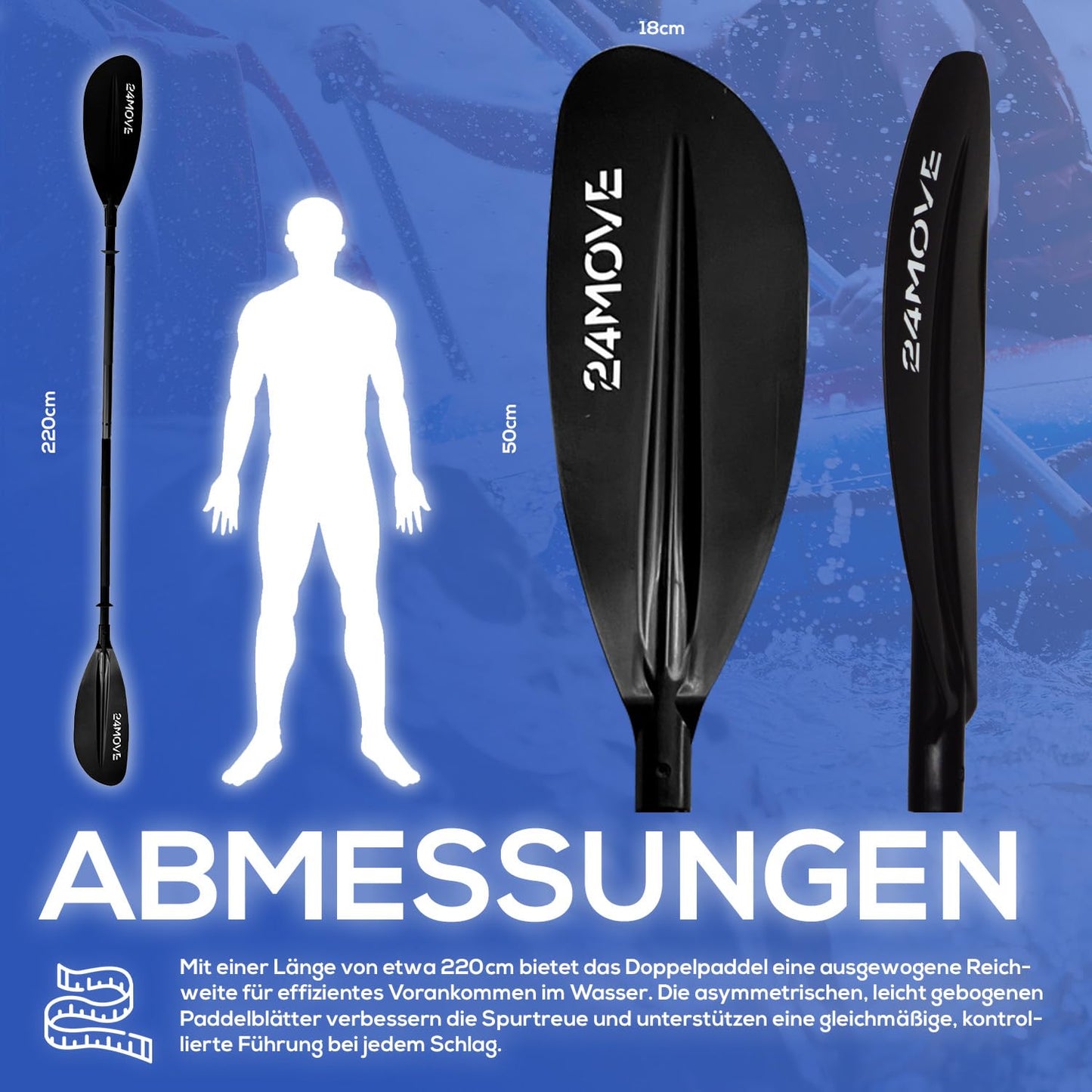 24MOVE® Double Paddle LAGO Paddle 220cm Canoe Paddle Aluminum, Stand-Up Paddling, Paddle for Kayak, Inflatable Boat, Adjustable, Black