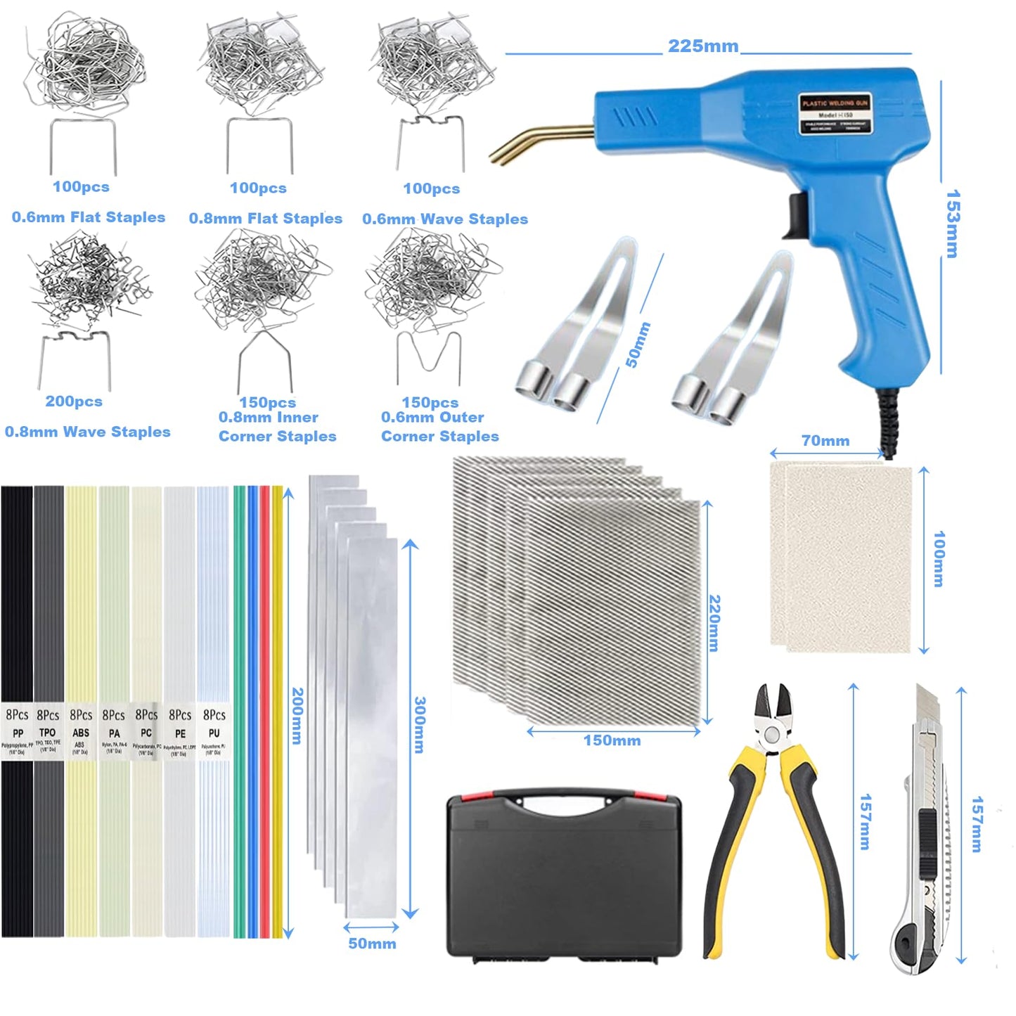 220W Plastic Welding Machine, 2-in-1 plastic welding machine with 800PCS welding nails (8 models), car bumper repair set with 64pcs welding rods, used for plastic welding.