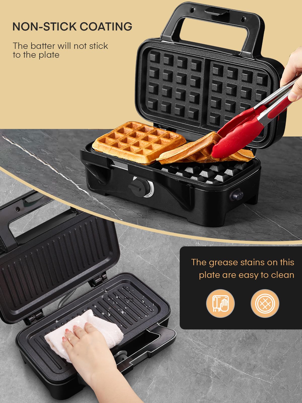 1200W 3 IN 1 Sandwich Maker, 5-level temperature control waffle maker sandwich toaster contact grill with non-stick coating for easy cleaning without burnt-on food, LED lights, stainless steel/black
