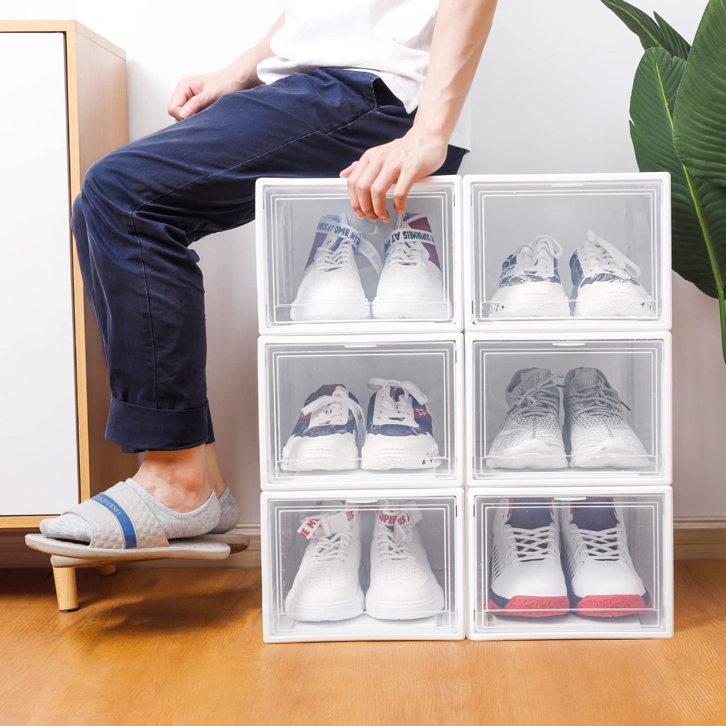 Yorbay Shoe Box, set of 3, stackable shoe organizer, plastic box with transparent door, reusable shoe storage, 37x26x20 cm, for shoes up to size 48, White