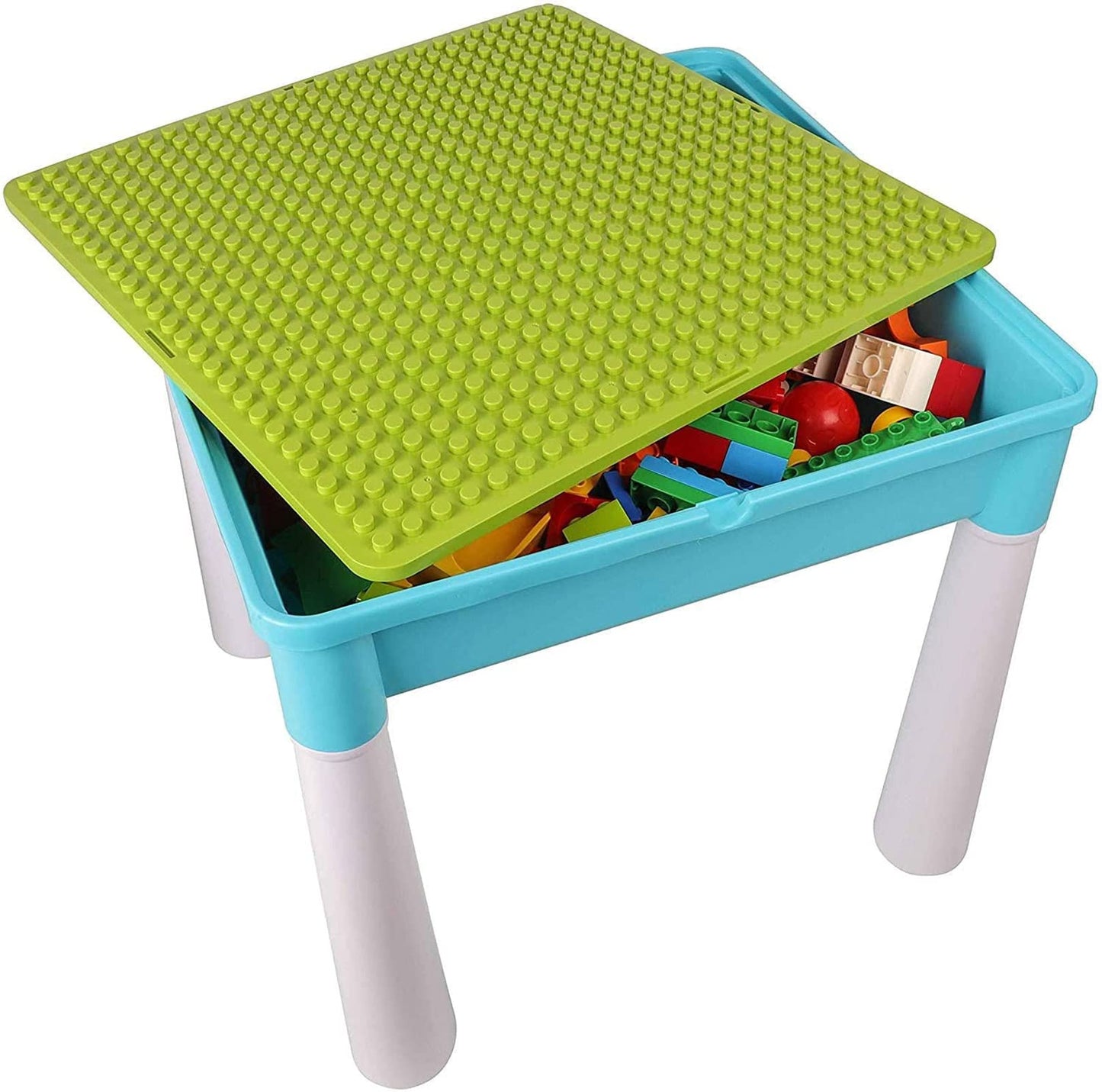 Burgkidz 5-in-1 Children's Activity Table Set - 128 Pieces Compatible with Building Blocks Toys, Play Table Includes 1 Chair and Building Block Table with Storage, Green Base Plate/Blue Color