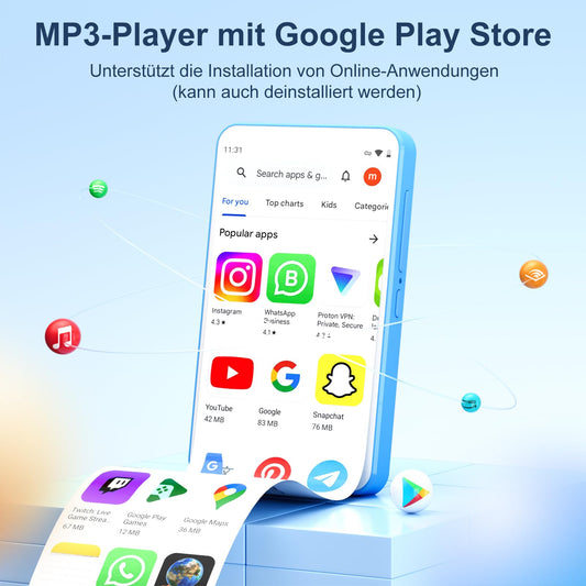 80GB MP3 player with Bluetooth and WiFi, MP3 & MP4 music player, Oilsky 4-inch 1080P touchscreen video player, portable Android Spotify player with Play Store app (Blue)