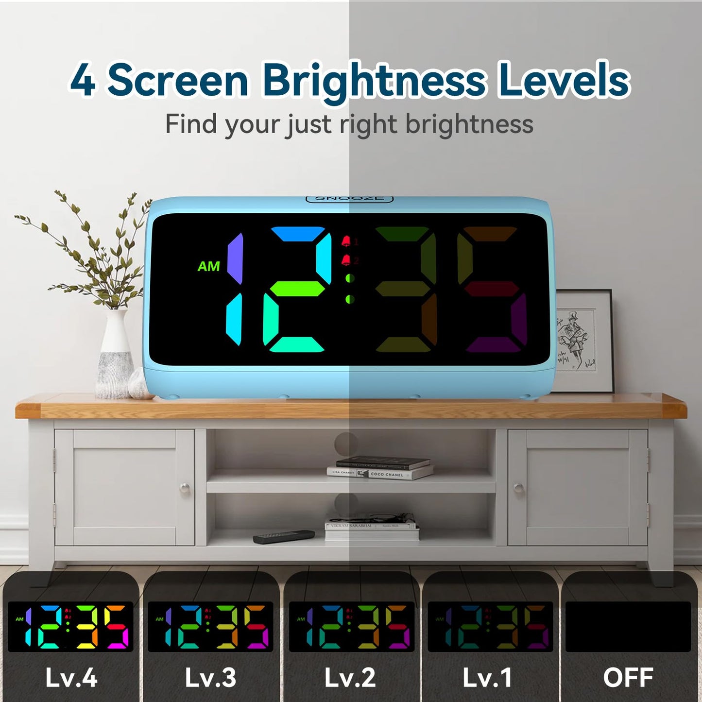 Loud alarm clock for heavy sleepers, Digital Alarm Clock with Colorful Display, Dual alarms, 5 brightness levels, 4 volume levels, Snooze function, Bedside Alarm Clock for kids, teens, seniors, and heavy sleepers.