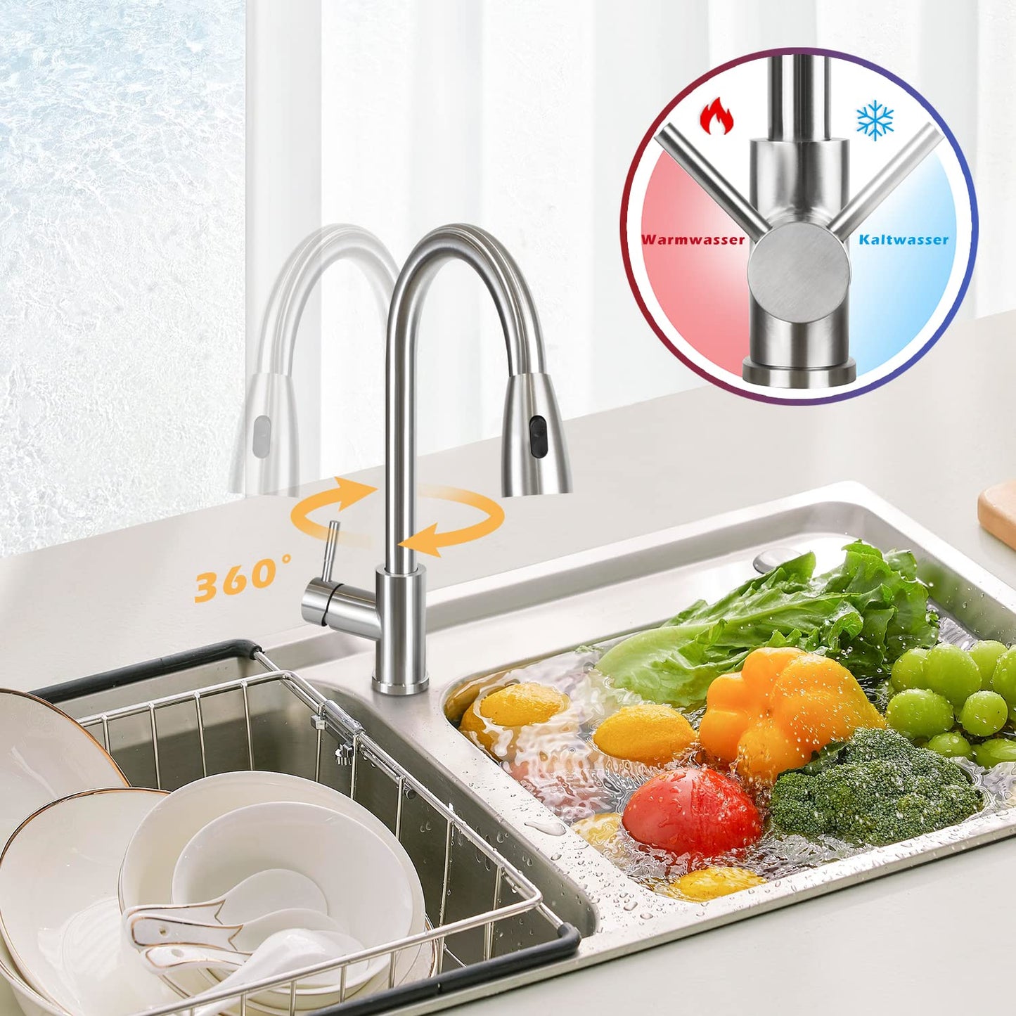Kitchen faucet high pressure - faucet with spray sink mixer tap pull-out 360° swivel stainless steel dual function kitchen tap - brushed nickel.