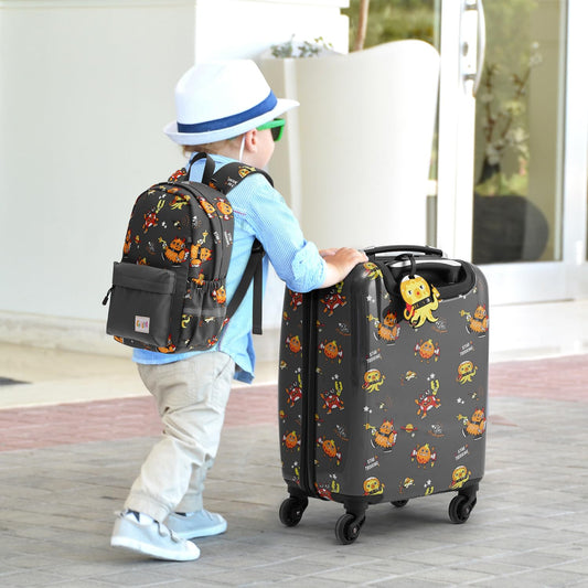 COOLIFE 5pc Kids Luggage Set with Backpack, Plastic Kids Suitcase, Children's Luggage, Kids Carry-On Travel Luggage Set for Boys and Girls (Monster, 5-Piece Set)