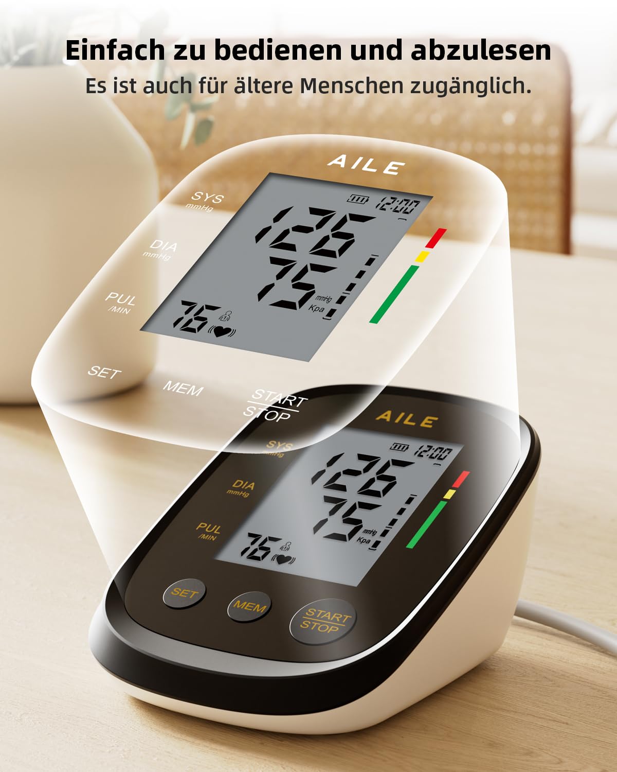 AILE home use blood pressure monitor, upper arm blood pressure monitor, fully automatic, with large cuff (22-42cm), 2 * 99 memory, easy to use