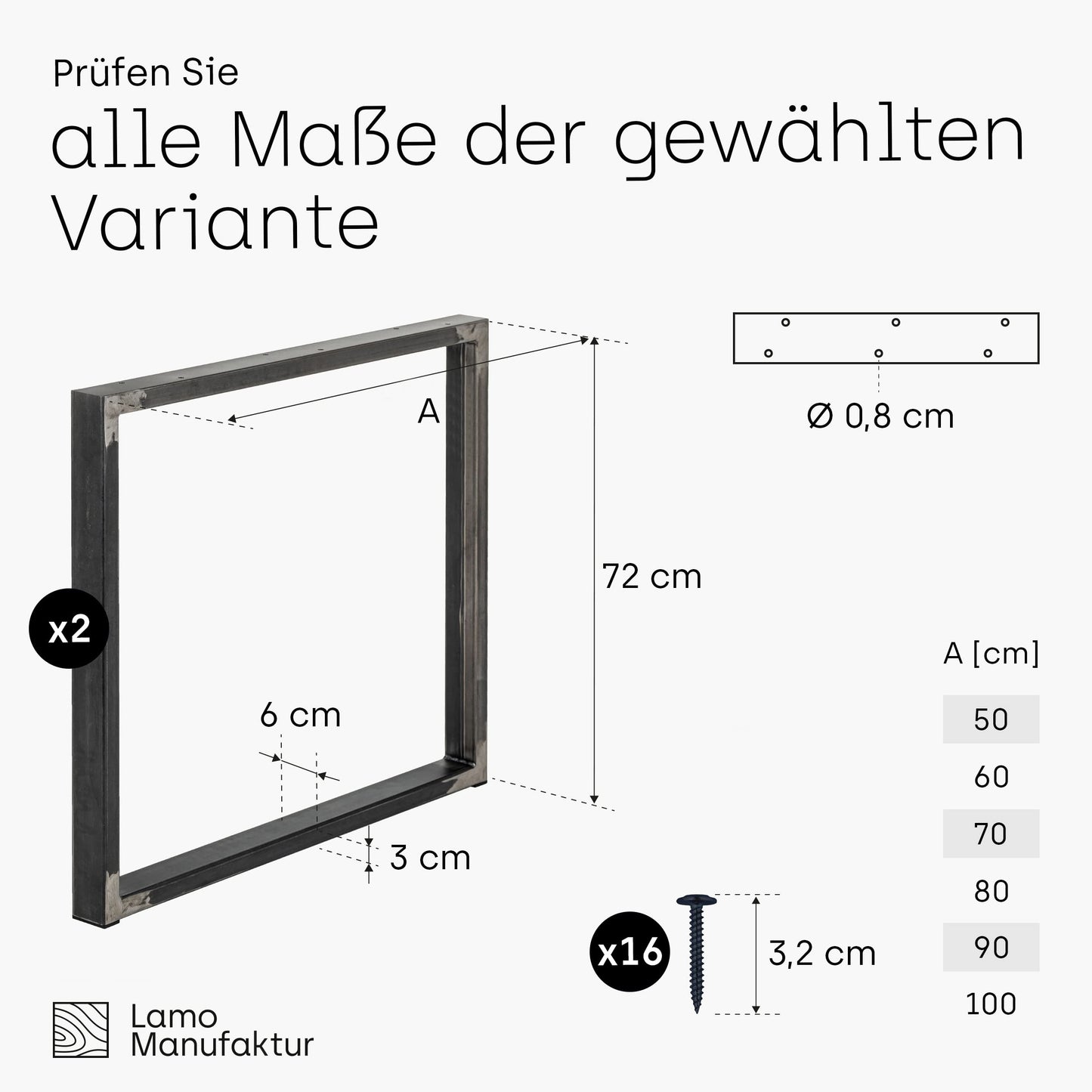LAMO Manufacture table legs for desk dining table, Simple Medium, square profile 60x30 mm, table frame 60x72 cm (WxH), raw steel with clear lacquer, 2 pieces, LTS-01-D-CC-0000