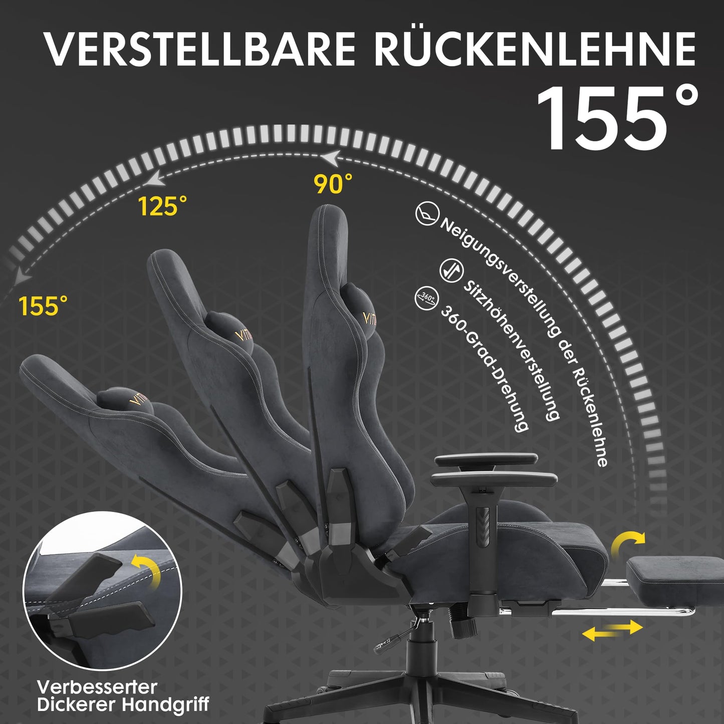 Vittanly Gaming Chair, Luxurious Suede Fabric Office Chair, Ergonomic Desk Chair with Footrest Headrest and Lumbar Pillow, 3D Armrests, 90-155° Backrest, Grey