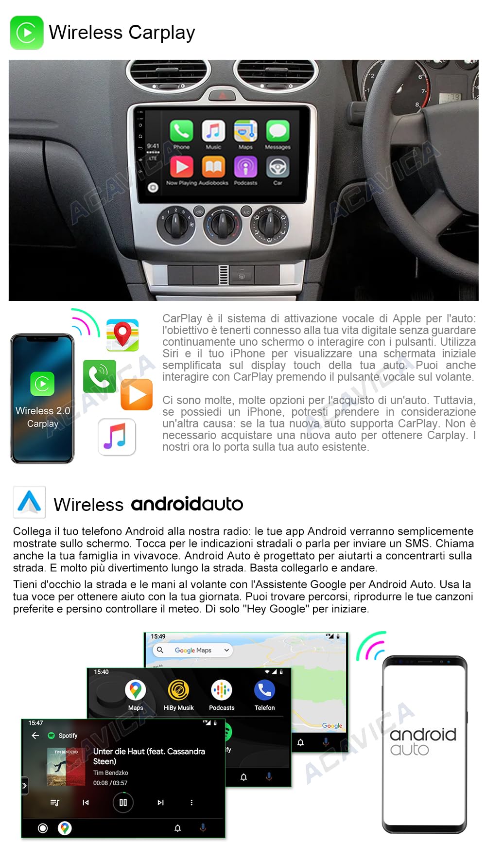 ACAVICA 9 inch Android car radio for Ford Fiesta MK5 Focus MK2 Transit Kuga C-Max S-Max Galaxy Wireless Carplay Car Radio Bluetooth GPS Navigation SWC WiFi