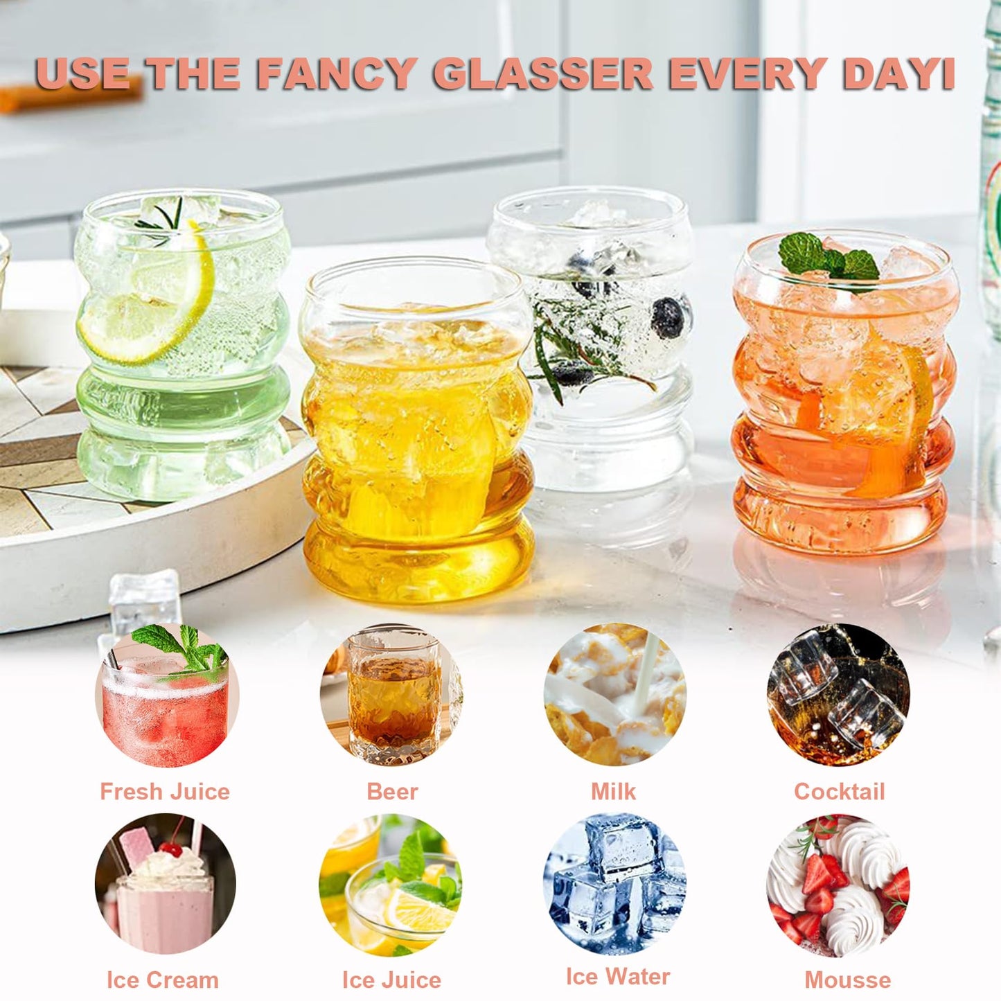 Ribbed Glasses Set (350ml x 6) Cocktail Glasses Wavy Water Glasses Drink Glasses Juice Glasses Drinking Glasses made of glass Glasses for Water Drinking Juice Universal Glasses with glass straws and brushes