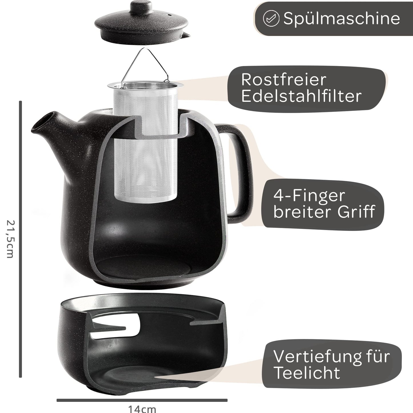 STONE AGE design teapot with warmer (1.3L) - with stainless 304 steel infuser - ceramic with unique glaze with removable infuser, black