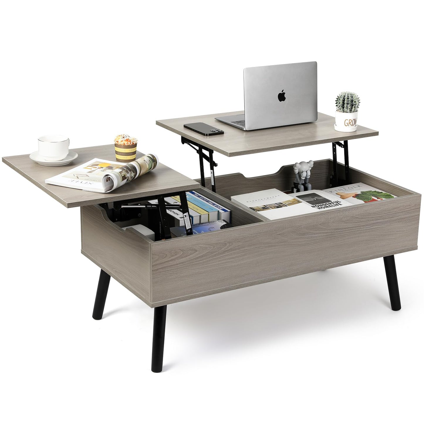 VOWNER coffee table, adjustable height, retractable, hidden storage compartment, double lift top, side table, light gray.