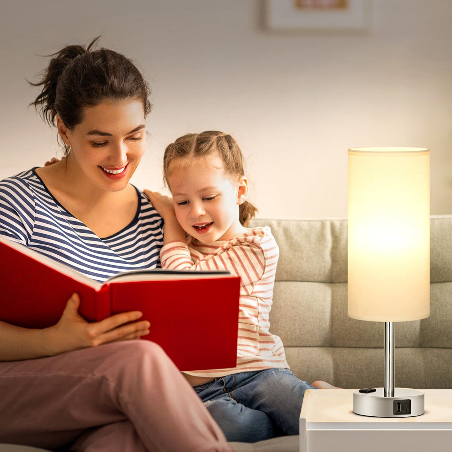 Kakanuo bedside lamp with touch dimming, table lamp with USB A+C+socket charging function, lampshade made of linen fabric, lamp for bedside living room bedroom children's room office (includes bulb)