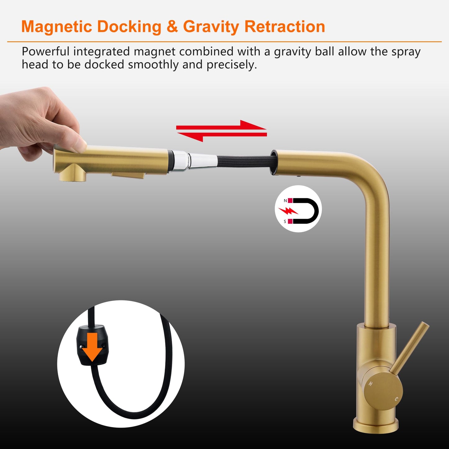 Tohlar Kitchen Faucet Gold, Gold Kitchen Tap with Pull-Out Spray and Magnetic Shower Head Two Spray Modes, High Pressure Kitchen Sink Faucet L-Shaped Brushed Gold Stainless Steel Kitchen Mixer 360° Swivel