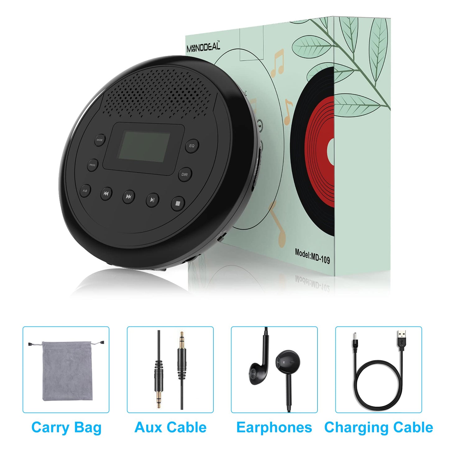 Portable CD Player, MONODEAL Rechargeable CD Player with Built-in Speakers, Discman CD Player for Kids/Car/Students/Adults, Anti-Skip CD Player with Headphones