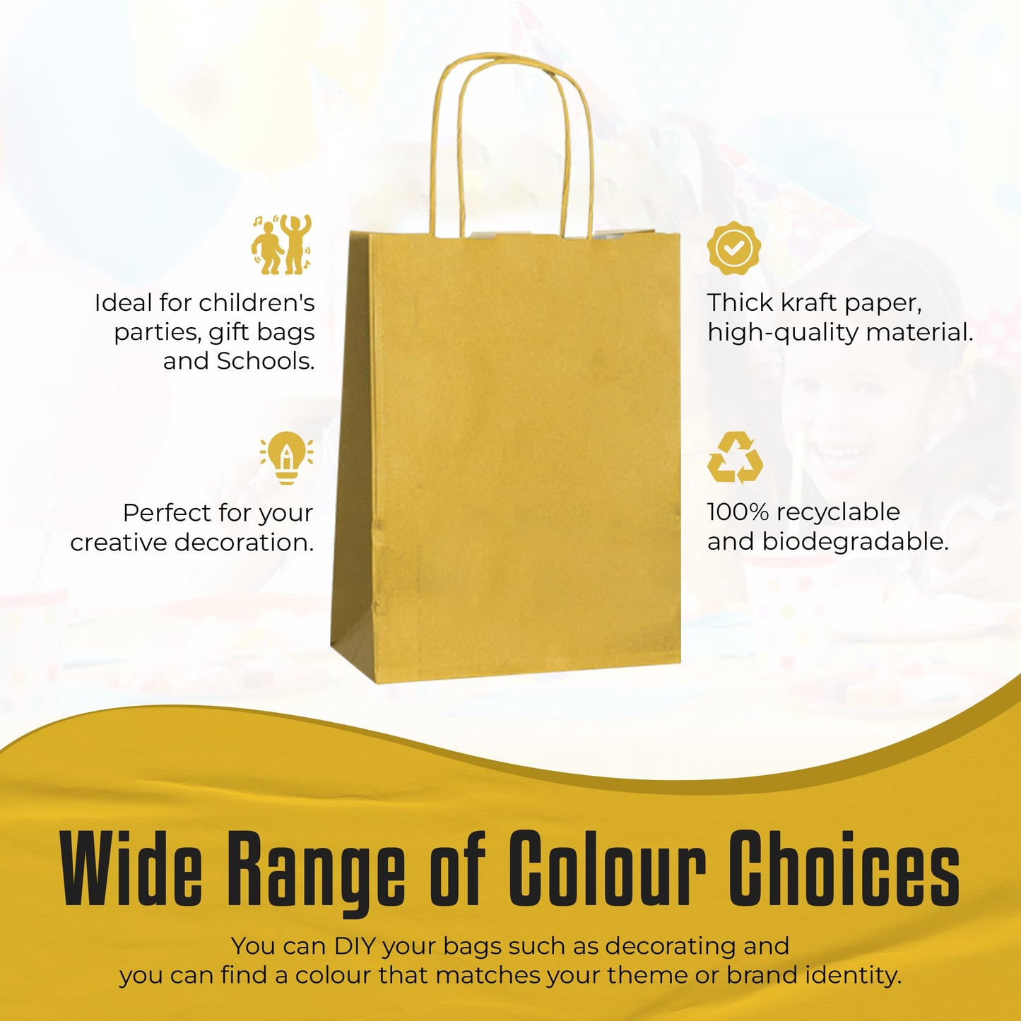 Thepaperbagstore 30 Gold paper party bags with handles – 18x22x8 cm – Colorful paper gift bags for children, parties, birthdays, weddings, confectionery and retail stores.